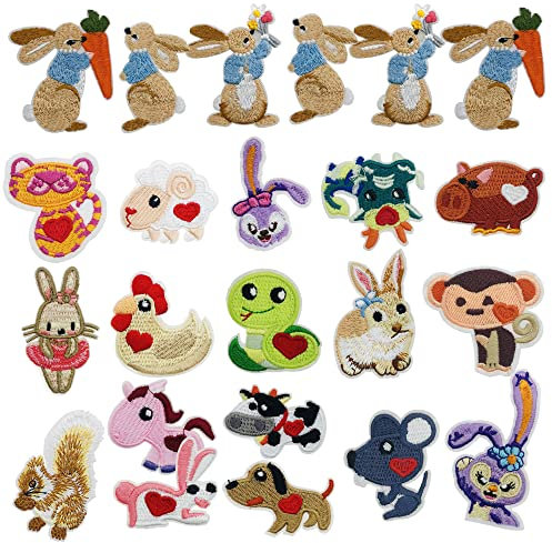 Woohome 23 PCS Iron on Patches, 12 Styles Animals Sew On Patches Rabbit Dog Snake Embroidered Appliques Sticker Patches for Clothes Dress Hat Jeans