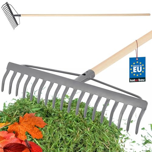 KOTARBAU® Rechen aus Metall mit 18 Zinken mit Holzstiel Gartenrechen mit verstärktem Kopf Gartenharke Stahlrechen Rechen für Laub und Gras Steinrechen Laubrechen Rasenrechen Gartenwerkzeug Gartenharke