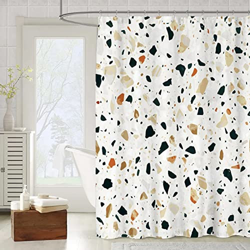 OCEUMACO 3D Motif Rideau de Douche Anti Moisissure Effet Marbre Terrazzo Imprimé Rideaux Baignoire Home Long Qualité Polyester Tissu Imperméable 180x200 cm Lavable Machine - Marron Beige
