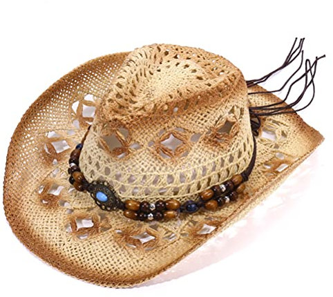 Knowoo Chapeau de Cowboy pour Femmes Western Chapeau extérieur Ombre Respirante Paille Creux Chapeau Cowboy Chapeau Mode Vacances Hat de Plage Naturel Paille d'été M 56-58 cm Beige