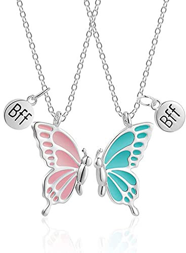 FFWTPY Best Friends Halskette Schmetterling BFF Freundschaftskette für 2 Mädchen Buchstaben Anhänger Kettes Damen Freundin Geschenk Anhängers Mädchen Geburtstagsgeschenke (Silber)
