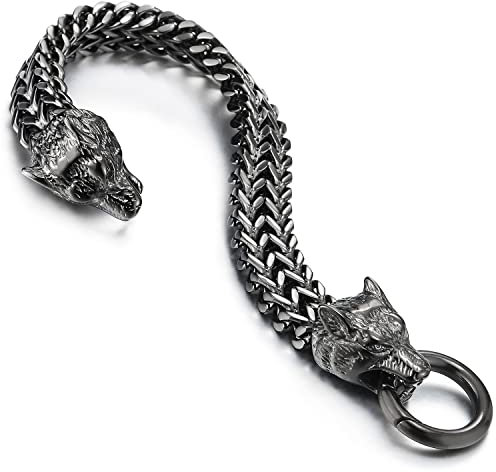 COOLSTEELANDBEYOND Biker Herren Wolf Kopf Franco Link Panzerkette Armband aus Grau Schwarz Edelstahl mit Federringverschluss