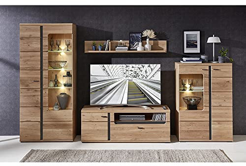 Lomadox Wohnwand komplett Set inkl. Esche Massivholzfronten und Beleuchtung mit Absetzungen in schwarz matt, B/H/T ca. 360/201/42 cm