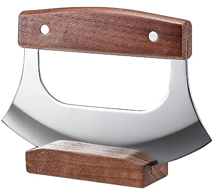 Coowolf Ulu Knife - Sharp Rocker Mezzaluna Knife with Stand for Cutter Pizza, Meat, Vegetables, Herb, Salad, Stainless Steel Blade, Walnut Wood Handle, Kitchen Essentials Accessories and Gadgets Tools