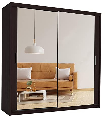 Samsun Modern Double Sliding Mirror Door Wardrobe Bedroom with Adjustable Hanging Rails, Shelves Storage Cupboard For Home Furniture (Wenge, 180cm)