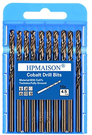 HPMAISON True 5% Cobalt Jobber Drill Bit Set, 10Pcs 4.5mm M35 High Speed Steel Twist Drill Bits, 135° Split Point Extremely Heat Resistant for Stainless Steel, Cast Iron, Hard Metal, Plastic, Wood