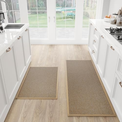 SUMLANS Kitchen Mat Set of 2 PCS, Cushioned Non Slip Rugs for Kitchen Floor, Absorbent Runner Comfort Standing Mats Washable for Kitchen, Office, Home (Brown, 17.3x47+17.3x30)