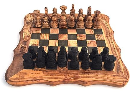 Schachspiel abgerundete Kante Größe wählbar M/L inklusive Schachfiguren Brett für Schach Schachspiel handgefertigt aus Olivenholz (L)