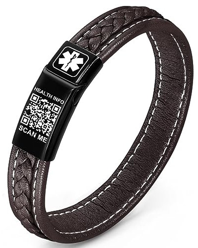 Theluckytag Bracelets médicaux améliorés pour homme avec code QR – Bracelet vintage en cuir tissé avec boucle en acier inoxydable – Plus d'espace pour économiser de l'espace – Informations