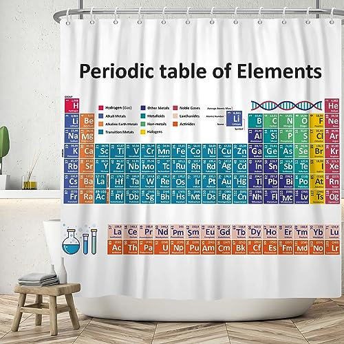ASDCXZ Cortina de Ducha de Mesa periódica 180x180 cm, Cortinas de Ducha Lavables baño Simplicidad Moderna Tabla periódica Tela de Blanca Cortina de Ducha de baño Impermeable con 12 Ganchos