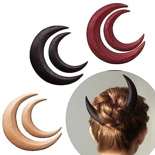 Lot de 6 Fourchettes à Cheveux Sculptées à la Main en Forme de Croissant de Lune en Bois pour Cheveux Longs et Épais - Pour Femme
