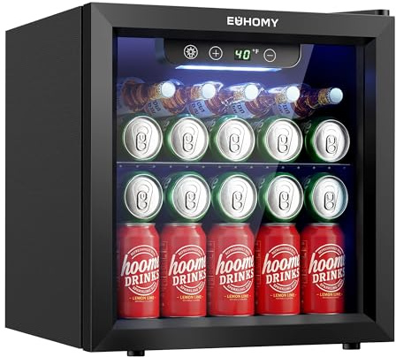 EUHOMY 48 Can Beverage Refrigerator cooler-Mini Fridge Glass Door for Beer Drinks Wines, Countertop Beverage Fridge with Adjustable Shelves Blue LED for Home/Office/Dorm/Bar, 1.3 cu.ft