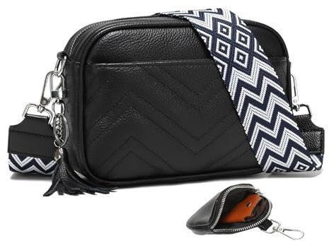 KUNKUN Sac Bandoulière Femme Cuir Petit Sac Bandouliere Sac A Main Femmes Bandoulieres Noir Sacs à Bandoulière Avec Bandoulière de 5 cm de Large Avec Porte Monnaie