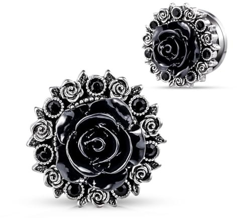 COOEAR Edelstahl Ohrmesser Fleisch Tunnel, Scew Back Black Rose Blume Plugs, Upgrade Expander Ohrringe Bahren 00G.