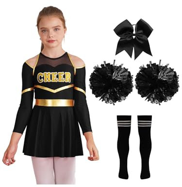 Aislor Mädchen Cheer Leader Kostüm Halloween Langarm Cheerleading Uniform Outfits Pailletten Kleid mit Pompoms/harrband Strümpfe Cheerleading Tanzkleid F Schwarz 122-128