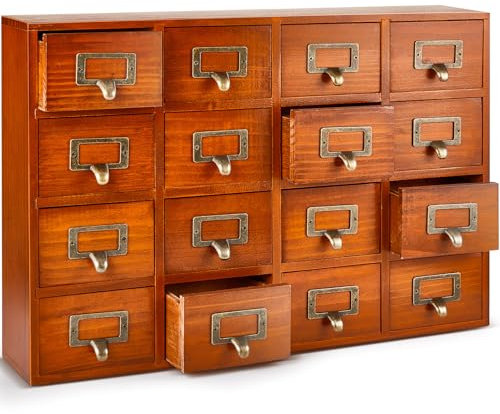 Qinyoung Apothekerschrank mit 16 Schubladen, Bibliothekskarten, Katalogschrank, Tischplatte, Vintage-Apothekerkisten, Schränke, rustikale Kräuter-Aufbewahrungsbox mit Schubladen,
