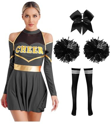 Alvivi Cheer Leader Kostüm Damen Cheerleading Uniform mit Pompons Socken Haarband Schulmädchen Kleid Halloween Karneval Fasching Kostüm Schwarz S