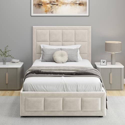 Blisswood Ottoman Storage Bed with Gas Lift End Opening Wooden Slats, Ottoman Single Bed Frame, Upholstered Gas Lift Up Bed Frame with Storage, (3ft Beige Single Bed, No Mattress Included)