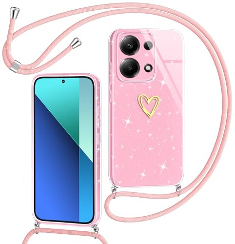 Yichxu Coque pour Xiaomi Redmi Note 13 4G avec Cordon, Glitter Silicone Housse avec Collier, Réglable Lanyard Case avec Motif Coeur d'amour, Etui Protection Cover pour Redmi Note 13 4G, Rose