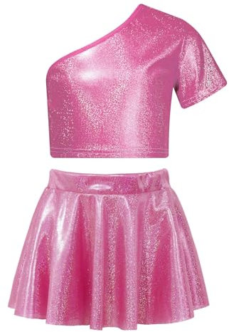 Freebily Completo Danza Moderna Jazz Bambina Vestito Pattinaggio Artistico Lucido Crop Top Corto Monospalla + Minigonna Gonna Corta Costume da Ballo Latino Dancewear Rosa Caldo 3-4 Anni
