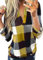 Cuptacc Oberteile Damen Elegant Langarm Plaid V Ausschnitt Casual Tunika Slim Lose Oberteile Gelb XL 46-48