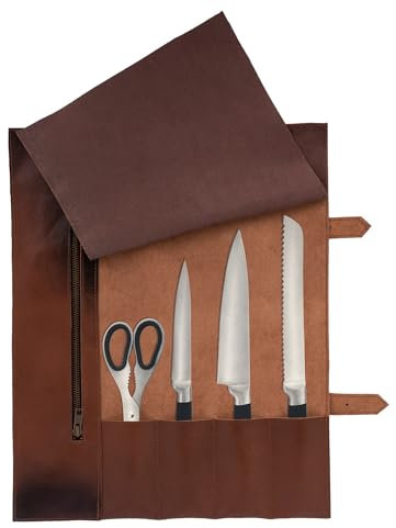 Full Grain Handmade Cognac Brown Leather Knife Storage Roll, Tool Holder, Leather Knife Roll Bag,Handcrafted Chef Birthday Gift, Chef Case Knife Storage Roll(4 Pockets)