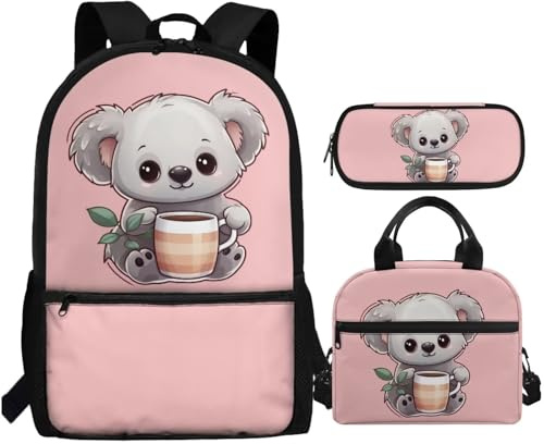 Showudesigns Kinder-Rucksack mit Lunchbox für Mädchen 8-10 10-12 Jungen Federmäppchen Set 3 in 1, Süßer Koala, Einheitsgröße