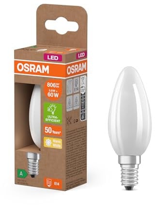 Osram 6 Stück Energiesparlampe Mini Classic Kerze 3.8W / 806lm EEK A warmweiß (2700K) CRI 80 bleifrei Milchglas E14 IP20 35mm DM, Weiß