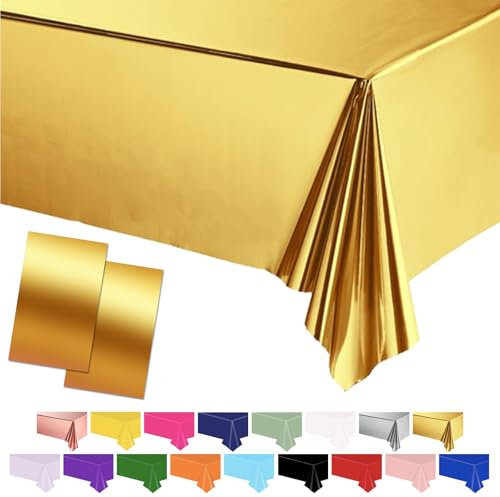 POPOYU 2Pcs Nappe Doré Plastique, 54x108 Pouces Rectangulaire, Imperméable pour Table Fête, Protection Noël, Picnic, Anniversaire, Jardin, Mariage, Décoration
