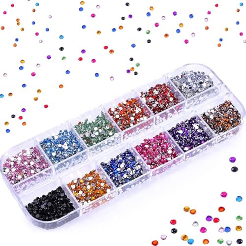 1200 Pcs Rhinestones, 3mm Round Crystal Gems Rhinestones, Colorful Rhinestones for Nail Art Decorations, Clothes, DIY Craft, 12 Color (3mm-Colourful)