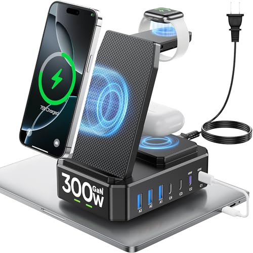 Estación de carga de 300 W para múltiples dispositivos Apple, cargador inalámbrico 10 en 1 para iPhone, GaN III USB C 65W PD base de carga rápida para MacBook, iWatch y Airpods (carga inalámbrica solo