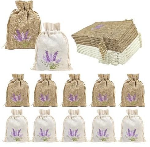 12 pcs Empty Lavender Bags To Fill, Small Lavender Pouch Empty Bag | Canvas & Linen Lavenders Sachets Bags with Embroidery, Small Drawstring Bag for Spice, Dried Flowers, Herbs