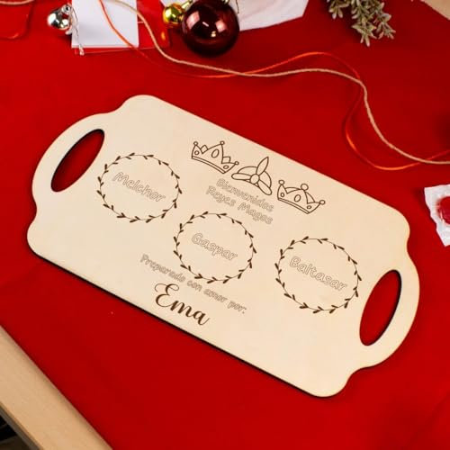 Bandeja de Navidad Personalizada de Madera Con Nombre - Reyes Magos y Papá Noel (Diseño 5, Rectangular Grande)