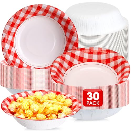 Nuogo 30 Pcs Red and White Gingham Paper Bowl 16oz Disposable Summer Party | Checkered Design for Ice Cream Salad, Barbecue Picnic Gatherings, Sturdy Serving Red Bowls, Birthday Party Tableware