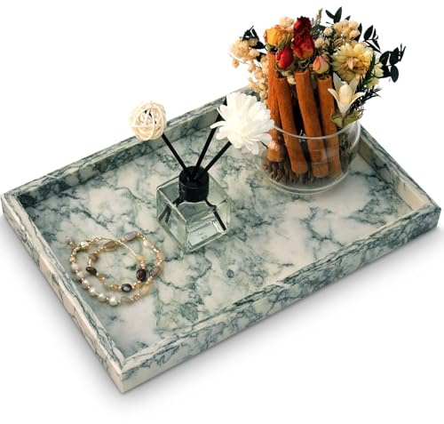 MULWR Marble Bathroom Tray,Pure Natural Vanity Tray,Marble Tray for Kitchen Counter Non-Ceramic/Non-Resin,Stone Trays 12 x 8 inch Cyan Green