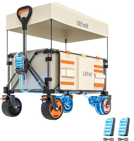 Litheli Elektrokarre Bollerwagen Faltbar, Handwagen Klappbar Doppelmotor mit Bremsen 150L 60KG Belastbar, Faltbollerwagen geeignet für Camping, Garten, Strand, Einkauf (Beige+Dachplane)