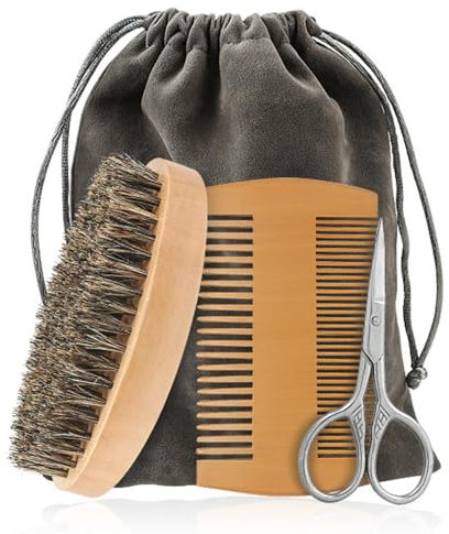 Brosse a Barbe Homme, 4Pcs Kit de Soins de Barbe pour Homme, Outils D'entretien de la Barbe, Brosse Barbe Naturel & Peigne Barbe Homme Avec Ciseaux & Pochette de Voyage - Cadeau Homme
