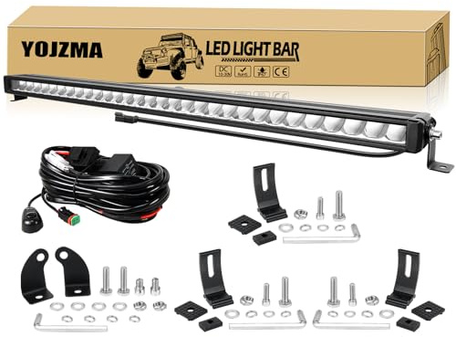 YOJZMA 33 Pouces 90W Spot Barre Lumineuse à LED, 12V Lumière de Travail | 9000LM, rangée simple, Connecteur DT Câble, Blanc 6000K, IP67 étanche, pour conduite tout-terrain, 4x4, Véhicules, camion