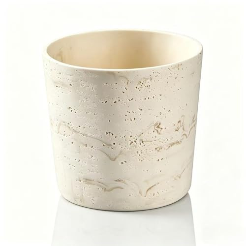 Ekirlin 17CM Natural Travertine Textures Plant Pot, Resin Outdoor Planter with Drainage Hole, Removable Rubber Stopper and Non-Slip Soft Pad,Weatherproof Decorative Pot for Indoor/Garden Plants