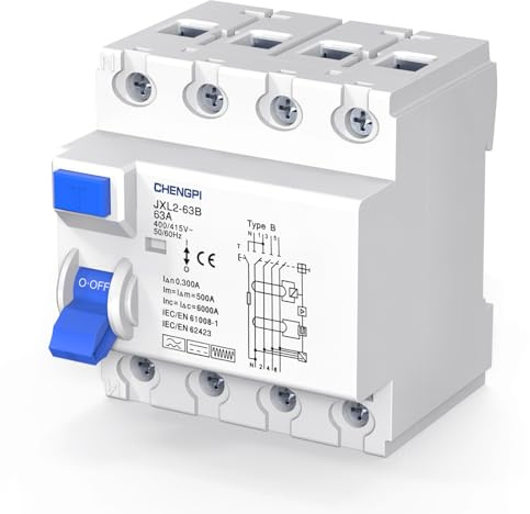 CHENGPI Interruttore FI, sensibile a corrente piena, tipo B 63A, 300 mA, 4 poli, interruttore di protezione a corrente residua, interruttore sensibile a tutta corrente