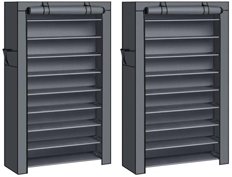 SONGMICS 10-Tier Shoe Racks with Dustproof Cover, Set of 2 | Shoe Organiser Stands, 28 x 88 x 160 cm, Each Holds 40-50 Pairs, for Living Room, Hallway, Grey