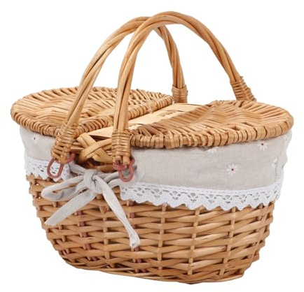 Weide Picknickkorb mit Deckel, Klein Tragbarer Weidenkorb mit Henkel und Liner, 31x12.5x23cm Vintage-Stil Picknickkörbe Leere, Flechtkorb Pilzkorb Aufbewahrungskorb für Picknick, Camping und Einkauf