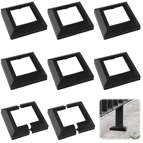 UFURMATE Pfostenbasisabdeckung, 8 Stück, 8,9 x 8,9 cm, Kunststoff-Pfosten-Abdeckplatten, dekorative geteilte Pfostenabdeckung, quadratische Geländer-Basisabdeckung für Treppengeländer, Zaun (schwarz)