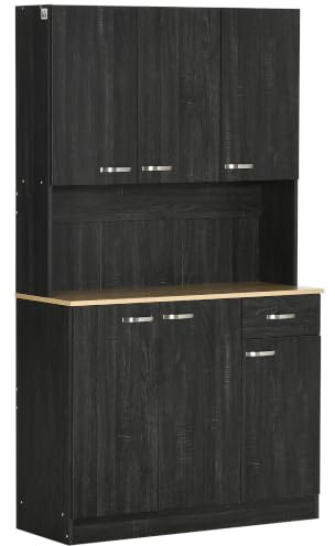 HOMCOM Credenza Cucina con Armadietti e Cassetto 101x39x180 cm Nero | Piano Portamicroonde, Mobile Dispensa Stretto con Ante, Ripiani Regolabili, Soggiorno, Sala da Pranzo