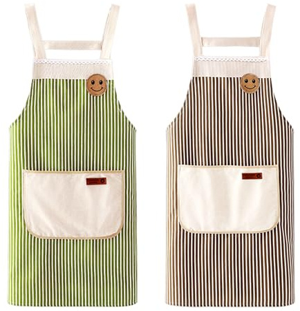 Hwtcjx 2 Piezas Delantal Antiincrustante y Ajustable, Delantal de Cocina, Rayas Mandiles con Bolsillos para Cocinar y Hornear para Mujeres, Hombre y Pareja (Verde, Café)