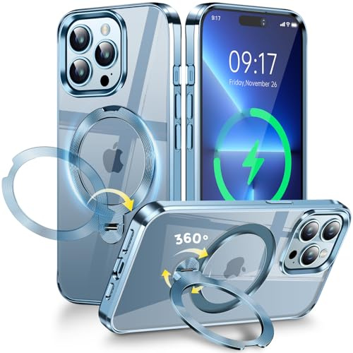 [Metal CD Ring & Invisible Stand 360° Rotation] Magnetic Case for iPhone 13 Pro Max [Magsafe Compatible][Electroplated Shockproof Bumper] Transparent Case - Blue
