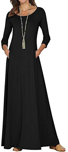 Kvruhuiy Women's Cotton Dress 3/4 Long Sleeve Maxi Dress Casual Dresses with Pockets Black M