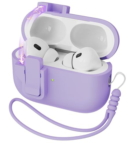 R-fun for AirPods Pro 2nd Generation Case Cover, Liquid Silicone Rubber Auto Pop-Up Military Grade Anti-Fall Soft Silicone for AirPods Pro with Lanyard & Cleaning Kit, Front LED Visiblebanana purple