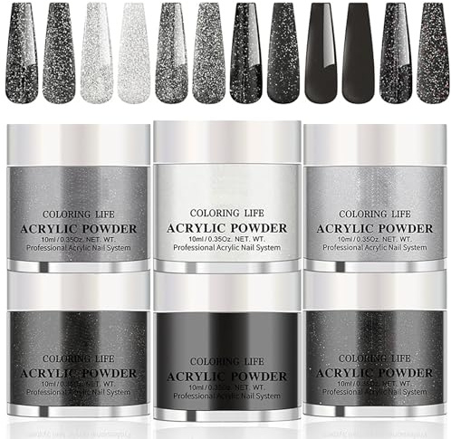 Nail Acrylic Powder Set - Black White Glitter Acrylic Nail Powder -6*10ml Neutral acrylic powder for Nails Extension, nail Carving, French Manicure Nail Art Long Lasting for 21+ Days, No Need UV/LED
