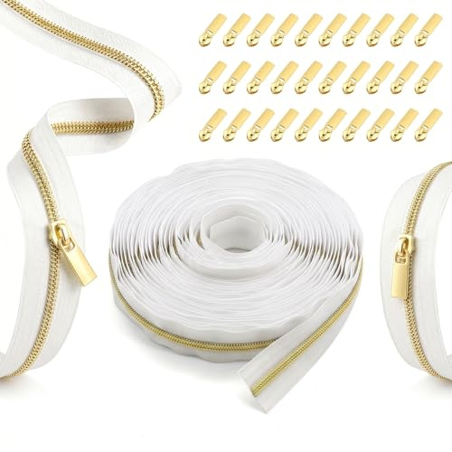 Gohytal Cerniera lampo continua da 10 m, al metro, con 30 cerniere, cerniera a spirale in nylon, per cucire borse, vestiti, progetti fai da te (bianco + oro)